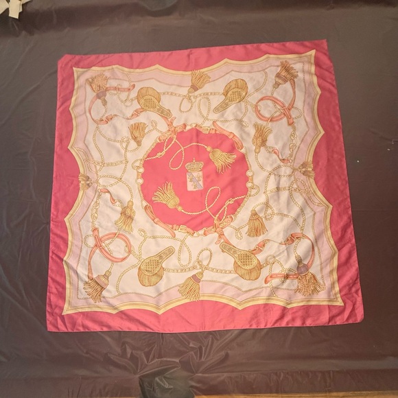 Vintage Pink/Gold Silk Hairbrush and Tassel Print Square Scarf Wrap 34x34” - Picture 3 of 8